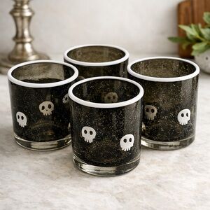 Pottery Barn Smoky Gray Glass Tumblers with White Ghost Motif (Set of 4)